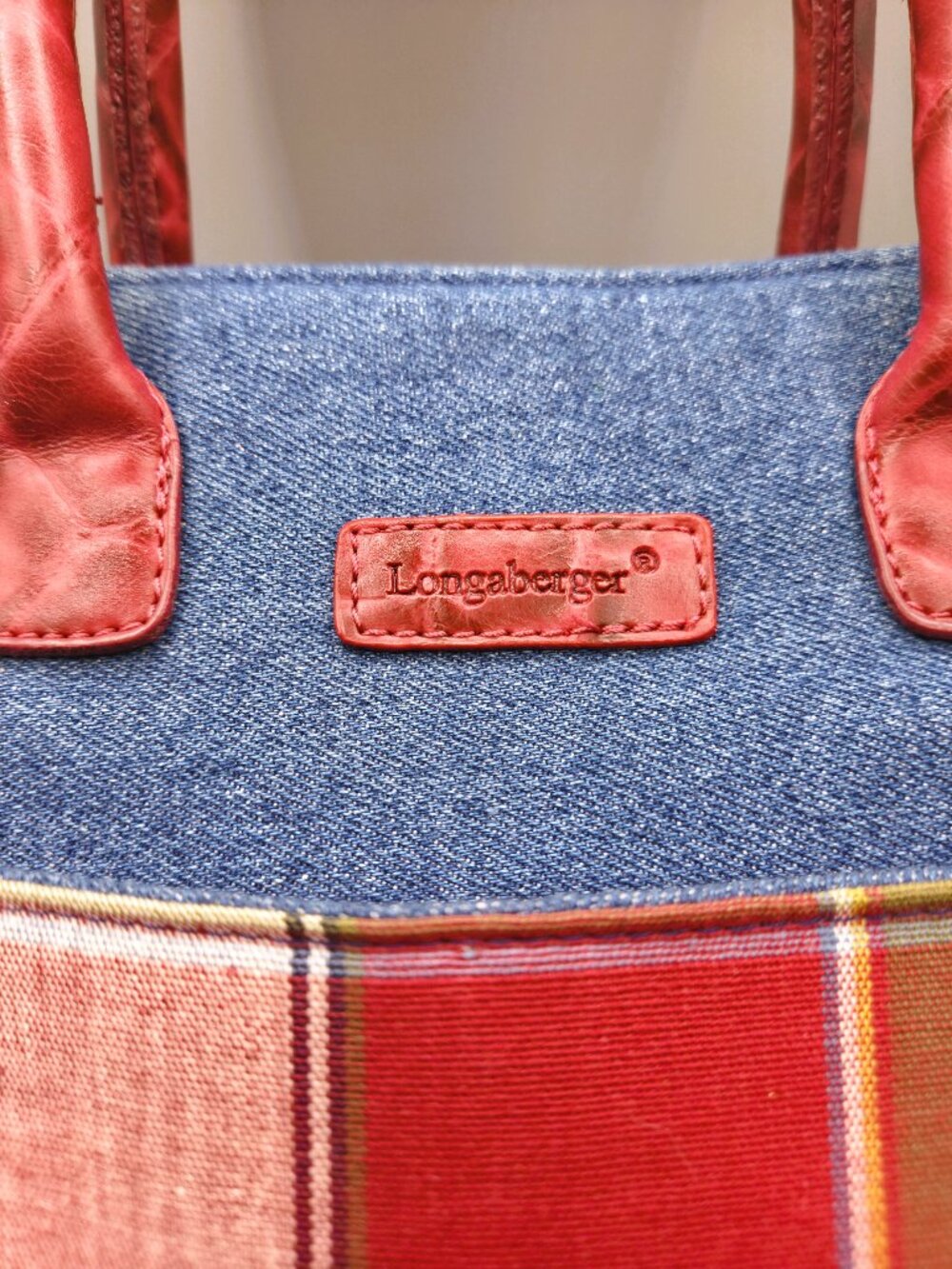 Longaberger Mini Tote Denim Plaid Bag Red Leather Trim Small America Classic - Picture 2 of 9
